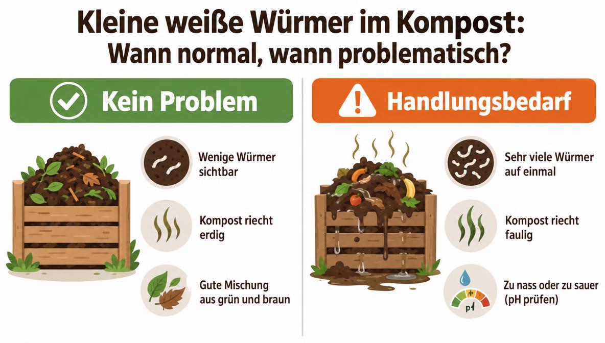 Kleine weiße Würmer im Kompost: Infografik wann normal und wann Handlungsbedarf besteht