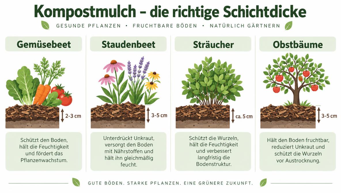 Kompost Mulch Infografik: Empfohlene Schichtdicken für verschiedene Beettypen