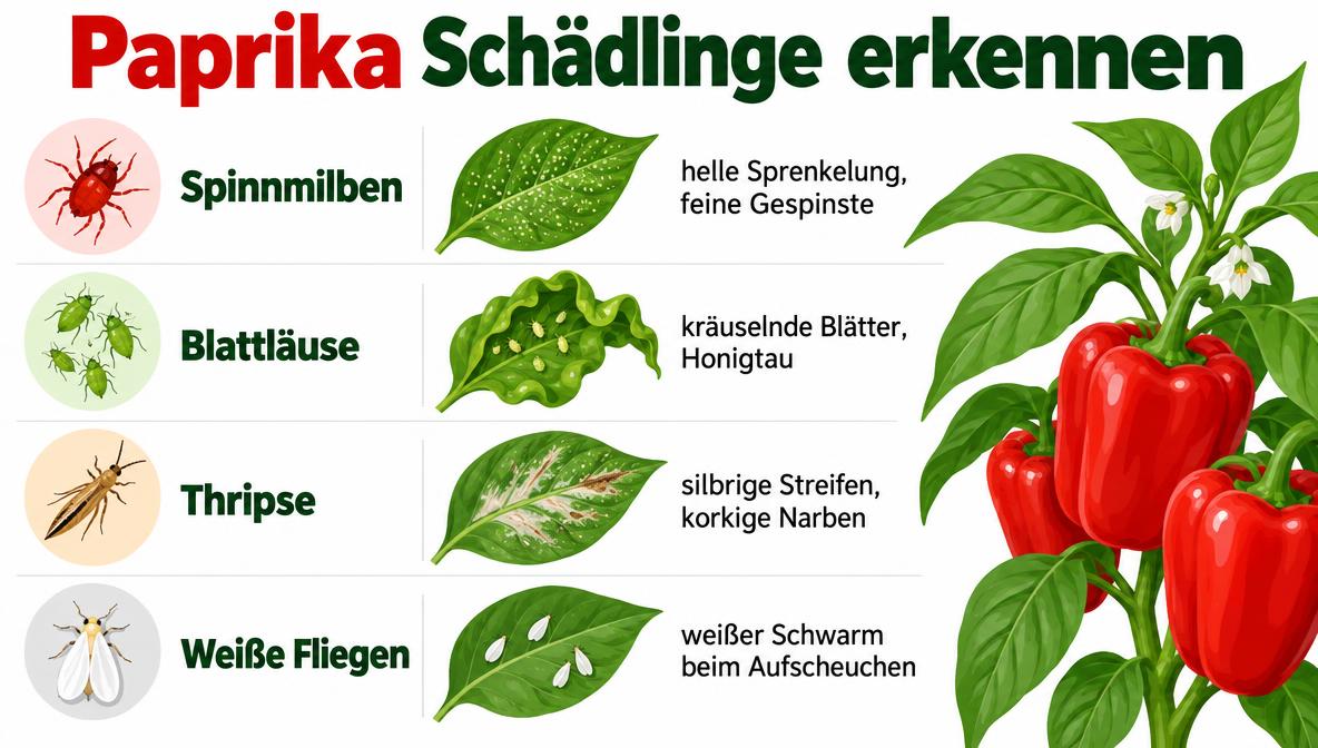 Paprika Schädlinge erkennen: Infografik mit 4 Symptombildern von Spinnmilben bis Weiße Fliegen