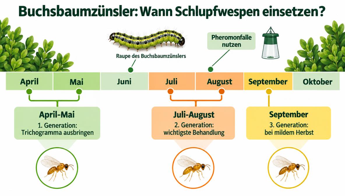 Schlupfwespen gegen Buchsbaumzünsler: Infografik Saisonzeitstrahl mit drei Einsatzfenstern