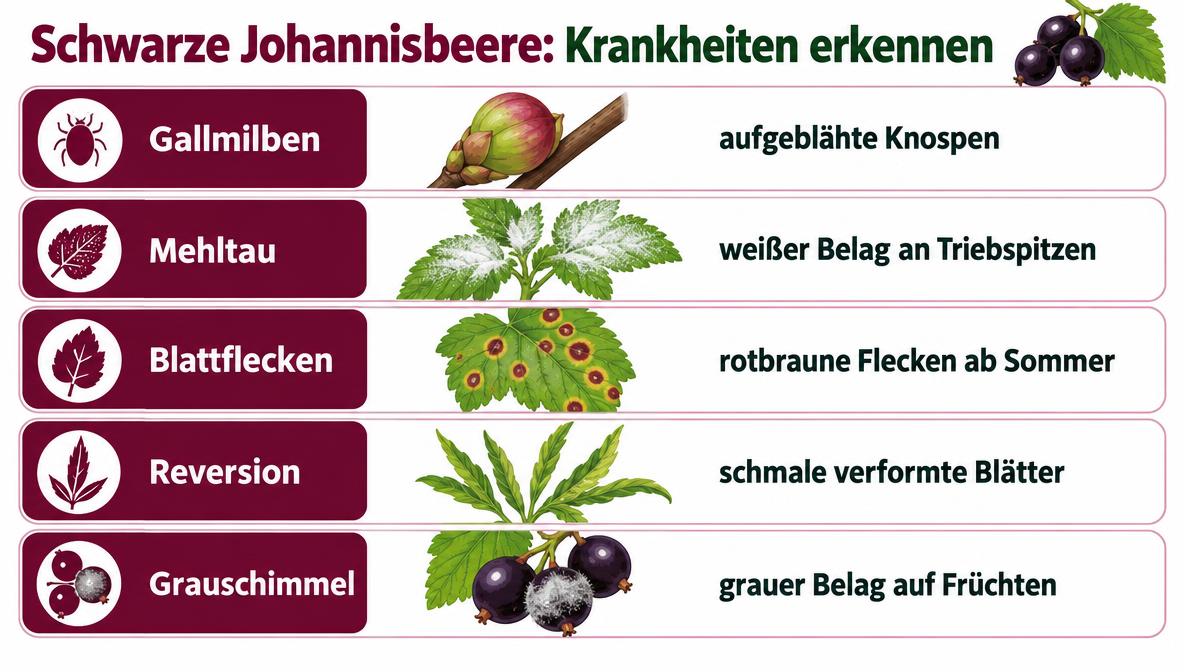 Schwarze Johannisbeere Krankheiten erkennen: Infografik mit 5 Symptombildern von Gallmilben bis Grauschimmel
